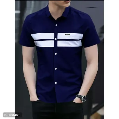 Navy Blue Cotton Blend Striped Casual Shirts For Men