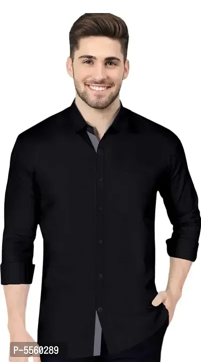 Black Cotton Blend Solid Casual Shirts For Men