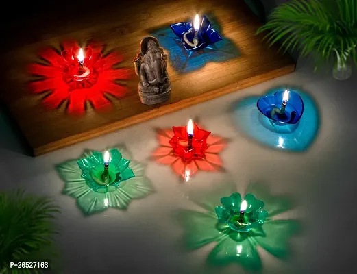 Pack of 12 Multicolour 3D Reflection Reusable Designer Diwali Oil Diya Combo Made with High Quality Transparent Plastic for Dipawali and Home Decoration (Pack Of 12)-thumb0