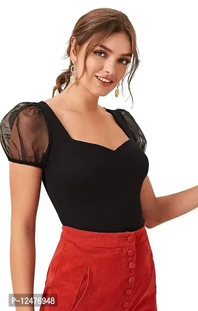 NiloBerry Tops for Women | Crop top for Women Tops for Women Tops for Women Stylish | top for Girls | top for Women Stylish Latest Sweetheart Neck, Organza Puff Sleeve top-thumb3