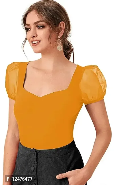 NiloBerry Tops for Women | Crop top for Women Tops for Women Tops for Women Stylish | top for Girls | top for Women Stylish Latest Sweetheart Neck, Organza Puff Sleeve top-thumb0