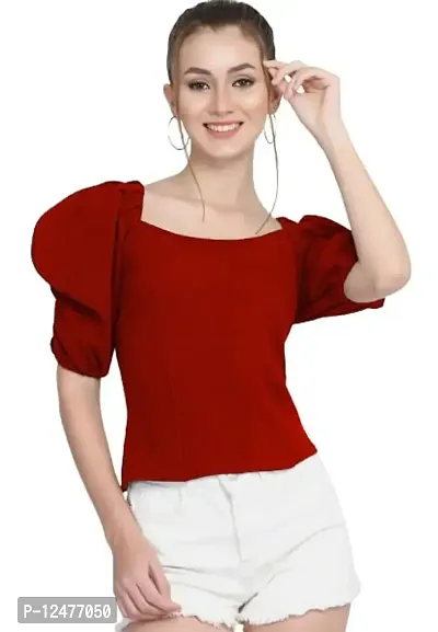 NiloBerry Modern Puff Sleeve top with Round Neck Front & Trendy Square Back (XL, Red)