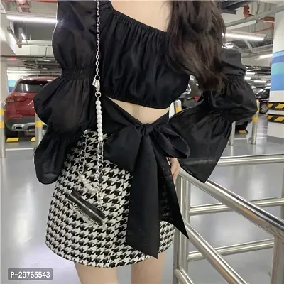 Square neck bubble sleeve crop top with back belt-thumb2