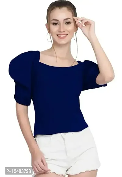 NiloBerry Modern Puff Sleeve top with Round Neck Front & Trendy Square Back (XL, Navy Blue)