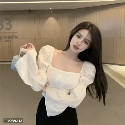 Square neck bubble sleeve crop top with back belt