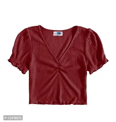 NiloBerry V-Neck Ribbed Crop top with Lettuce Sleeve (L, Maroon)