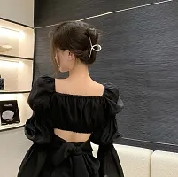 Square neck bubble sleeve crop top with back belt-thumb1