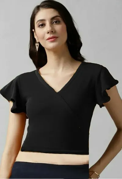 V-Neck, Flared Cap sleeve Crop Top For Women