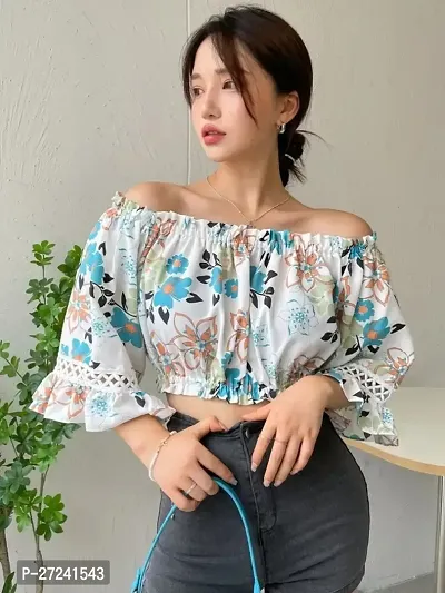 Multicolour floral printed off-shoulder crop top with flare and lace sleeve