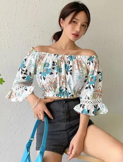 Multicolour floral printed off-shoulder crop top with flare and lace sleeve for Girls