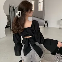 Square neck bubble sleeve crop top with back belt-thumb1