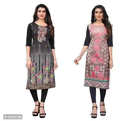 GROWMORE Women's Crepe Digital Print Straight Kurta(Pack of 2) (M, Black  Light Salmon)