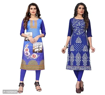 GROWMORE Women's Crepe Digital Print Straight Kurta(Pack of 2) (L, Blue  Blue VIOLOT)