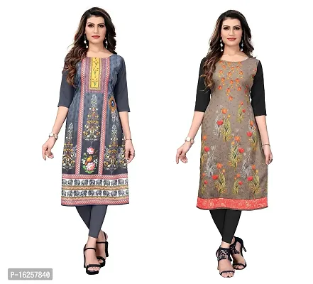 GROWMORE Women's Crepe Digital Print Straight Kurta(Pack of 2) (XL, Grey Saddle Brown)