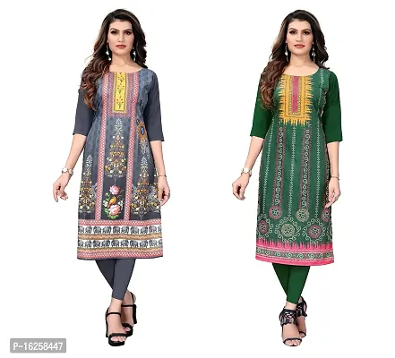 GROWMORE Women's Crepe Digital Print Straight Kurta(Pack of 2) (M, Grey Light Green)-thumb0