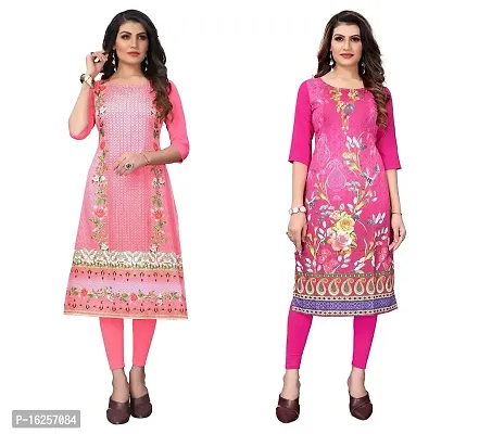 GROWMORE Women's Crepe Digital Print Straight Kurta(Pack of 2) (XL, Peach  HOT Pink)