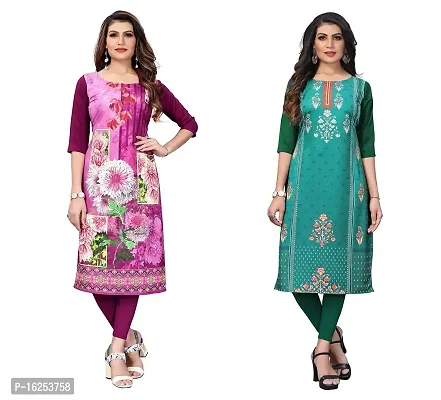 GROWMORE Women's Crepe Digital Print Straight Kurta(Pack of 2) (L, Purple  SEA Green)-thumb0