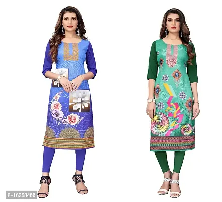 GROWMORE Women's Crepe Digital Print Straight Kurta(Pack of 2) (XL, Blue  Dark Green)-thumb0