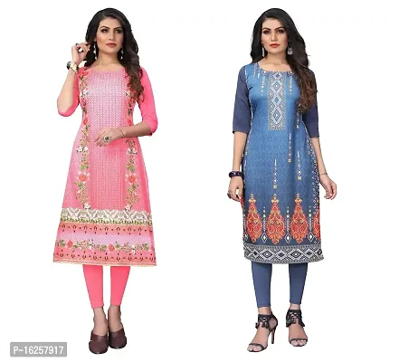 GROWMORE Women's Crepe Digital Print Straight Kurta(Pack of 2) (M, Peach  Blue Grey)-thumb0