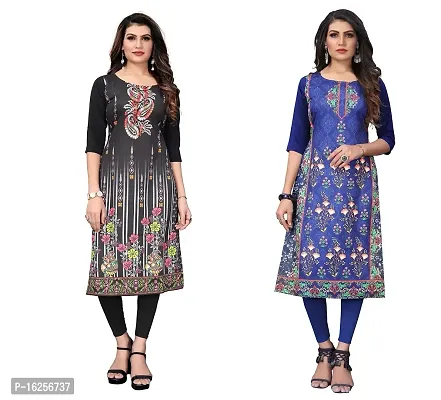 GROWMORE Women's Crepe Digital Print Straight Kurta(Pack of 2) (M, Black  Dodge Blue)