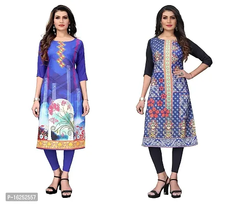 GROWMORE Women's Crepe Digital Print Straight Kurta(Pack of 2) (L, Blue  Stee Blue)-thumb0