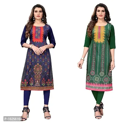 GROWMORE Women's Crepe Digital Print Straight Kurta(Pack of 2) (M, Dark Blue  Light Green)-thumb0