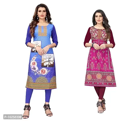 GROWMORE Women's Crepe Digital Print Straight Kurta(Pack of 2) (L, Blue  Medium RED)