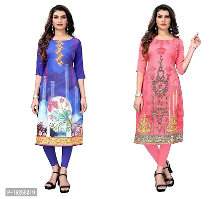 GROWMORE Women's Crepe Digital Print Straight Kurta(Pack of 2) (XXL, Blue  Coral Pink)