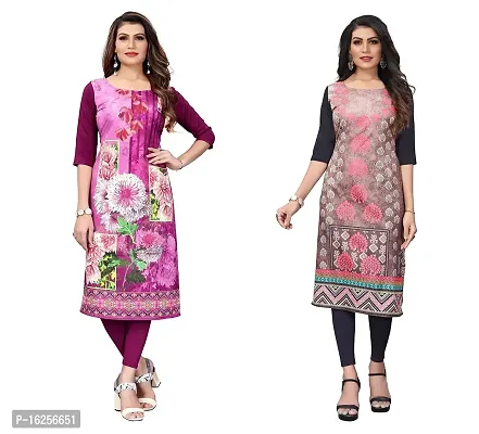 GROWMORE Women's Crepe Digital Print Straight Kurta(Pack of 2) (S, Purple  LIGHIT SAMON)-thumb0