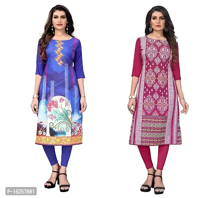 GROWMORE Women's Crepe Digital Print Straight Kurta(Pack of 2) (XL, Blue  DEEP Pink)