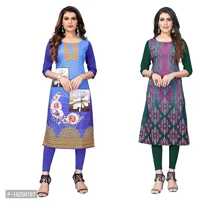 GROWMORE Women's Crepe Digital Print Straight Kurta(Pack of 2) (S, Blue  Olive Green)-thumb0