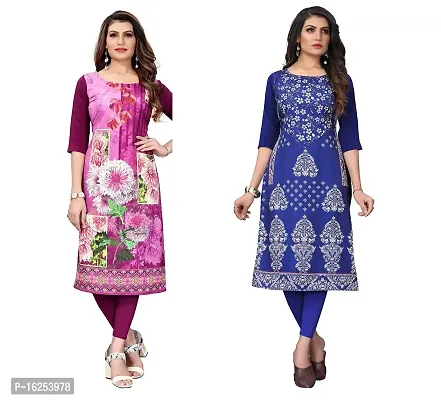 GROWMORE Women's Crepe Digital Print Straight Kurta(Pack of 2) (L, Purple  Blue VIOLOT)-thumb0