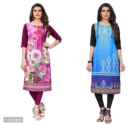 GROWMORE Women's Crepe Digital Print Straight Kurta(Pack of 2) (XL, Purple  Baby Blue)