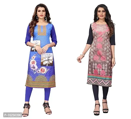 GROWMORE Women's Crepe Digital Print Straight Kurta(Pack of 2) (XXL, Blue  Light Salmon Green)-thumb0