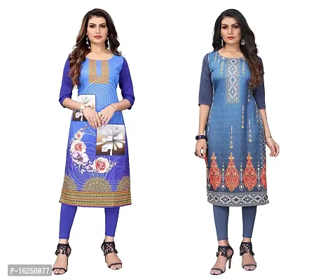 GROWMORE Women's Crepe Digital Print Straight Kurta(Pack of 2) (L, Blue  Blue Grey)-thumb0