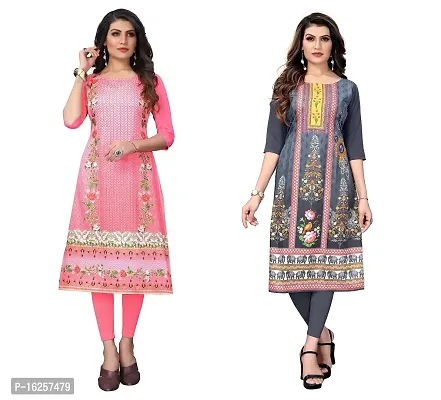 GROWMORE Women's Crepe Digital Print Straight Kurta(Pack of 2) (XL, Peach  Grey)-thumb0