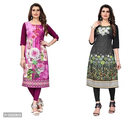 GROWMORE Women's Crepe Digital Print Straight Kurta(Pack of 2) (S, Purple  Dark Black)-thumb0