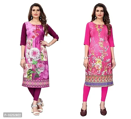 GROWMORE Women's Crepe Digital Print Straight Kurta(Pack of 2) (M, Purple  HOT Pink)-thumb0