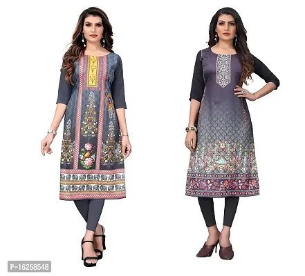 GROWMORE Women's Crepe Digital Print Straight Kurta(Pack of 2) (M, Grey  Silver Black)