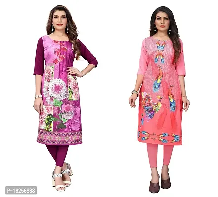 GROWMORE Women's Crepe Digital Print Straight Kurta(Pack of 2) (S, Purple  Rose Pink)-thumb0