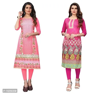 GROWMORE Women's Crepe Digital Print Straight Kurta(Pack of 2) (M, Peach  Pink)