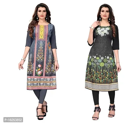 GROWMORE Women's Crepe Digital Print Straight Kurta(Pack of 2) (S, Grey  Dark Black)-thumb0