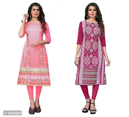 GROWMORE Women's Crepe Digital Print Straight Kurta(Pack of 2) (L, Peach  DEEP Pink)-thumb0