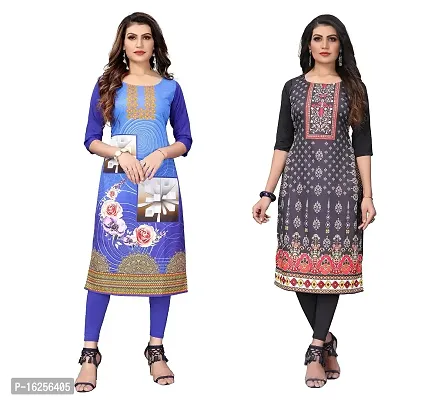 GROWMORE Women's Crepe Digital Print Straight Kurta(Pack of 2) (XL, Blue  RED Black)