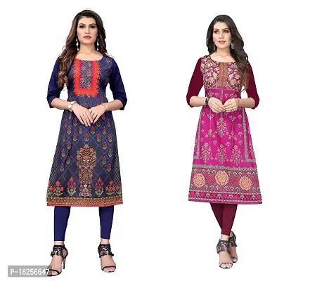 GROWMORE Women's Crepe Digital Print Straight Kurta(Pack of 2) (L, Dark Blue  Purple)-thumb0