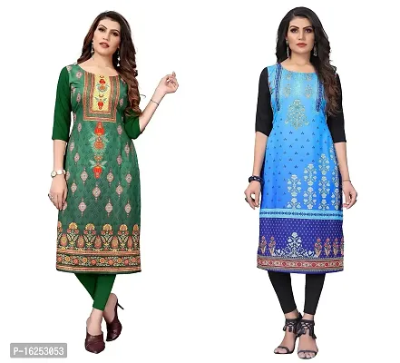 GROWMORE Women's Crepe Digital Print Straight Kurta(Pack of 2) (XL, Green  Baby Blue)