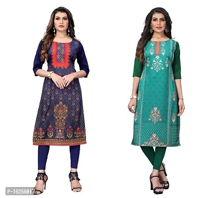 GROWMORE Women's Crepe Digital Print Straight Kurta(Pack of 2) (XL, Dark Blue  SEA Green)-thumb0