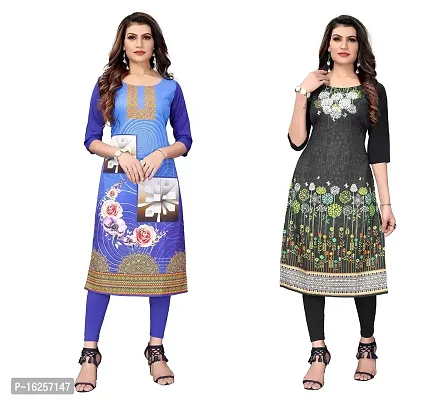 GROWMORE Women's Crepe Digital Print Straight Kurta(Pack of 2) (XL, Blue  Dark Black)-thumb0