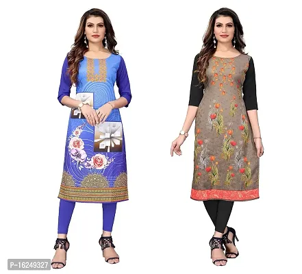 GROWMORE Women's Crepe Digital Print Straight Kurta(Pack of 2) (S, Blue  Saddle Brown)-thumb0