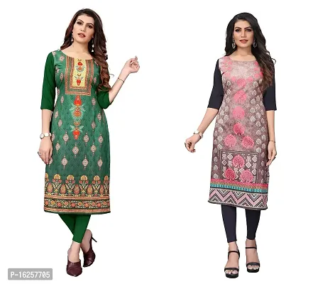 GROWMORE Women's Crepe Digital Print Straight Kurta(Pack of 2) (M, Green  Light Green)